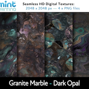 May include: Four seamless digital textures of dark granite marble with swirling patterns in shades of black, brown, teal, and purple. The textures are 2048 x 2048 pixels and are available as PNG files.