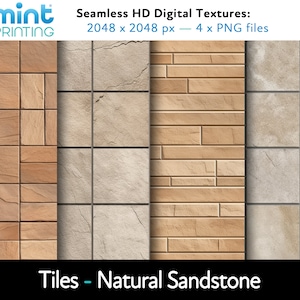 Può includere: Quattro texture digitali senza cuciture di piastrelle in pietra arenaria naturale in vari motivi. Ogni texture è di 2048 x 2048 pixel ed è disponibile come file PNG. Le texture sono ideali per l'uso in progetti di design.