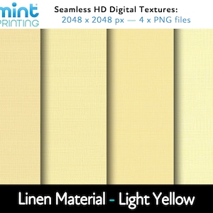 Może przedstawiać: Bezszwowe tekstury cyfrowe z jasnego żółtego materiału lnianego. Obraz przedstawia cztery panele jasnego żółtego materiału o subtelnej tkanej fakturze. Tekst u góry brzmi "Seamless HD Digital Textures: 2048 x 2048 px - 4 x PNG files."