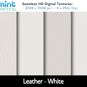 May include: Four seamless white leather textures, each 2048 x 2048 pixels, for digital design projects. Seamless HD Digital Textures: 2048 x 2048 px - 4 x PNG files. Leather - White.