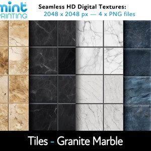 Puede incluir: Cuatro texturas de azulejos digitales sin costuras en un formato de 2048 x 2048 píxeles. Las texturas son de granito y mármol en beige, negro, blanco y azul.