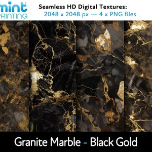 May include: Four seamless digital textures of black and gold granite marble. Each texture is 2048 x 2048 pixels and is available as a PNG file.