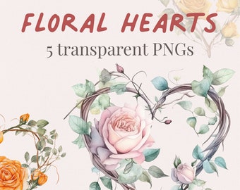 5 Watercolor Vintage Floral Mothers Day Rose Heart Clipart PNG Sublimation, Valentines Day, Love, Floral Heart, Hearts, Wedding Shower Png