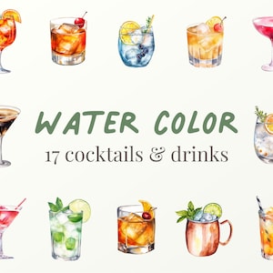 17 illustrazioni clipart cocktail ad acquerello, immagine bevanda acquerello PNG, Aperol Spritz, Espresso Martini, Clipart, Daiquiri, Gin Tonic