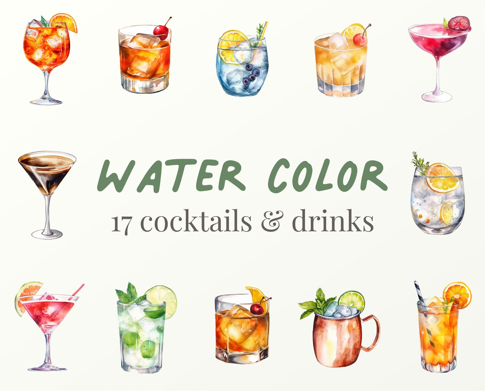 17 Watercolor Cocktail Clipart Illustrations, Watercolor Drink Image