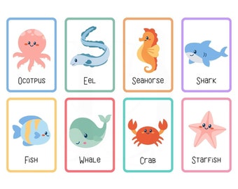Tarjetas didácticas sobre el fondo del mar / Lindos animales marinos, tarjetas educativas coloridas para niños