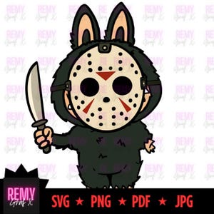 May include: A cartoon illustration of a creature wearing a hockey mask and holding a knife. The creature is black with bunny ears and a furry body. The mask is beige with red accents. The image includes the text "SVG PNG PDF JPG".