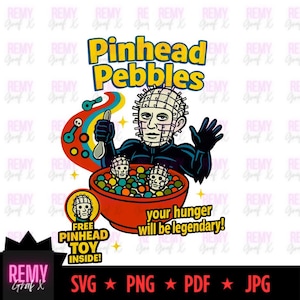 Pinhead Pebbles Cereal Killer Horror Movie T-Shirt Design – Hellraiser Parody – png SVG PDF JPG Digital Download, cereal killers