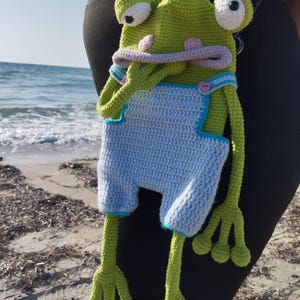 Peut inclure: Sac en crochet fait main en forme de grenouille. La t&ecirc;te de la grenouille est verte avec de grands yeux blancs, des joues roses et une bouche lavande. Elle porte une salopette bleu clair avec des bordures turquoise et des boutons roses en forme de c&oelig;ur. Les longues pattes vertes de la grenouille pendent.