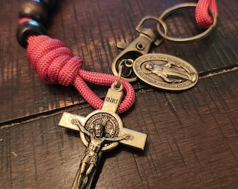 Paracord Wood Bead Decade Rosary with Imported Bronze St. Benedict Crucifix & Miraculous Medal