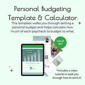 Könnte beinhalten: Eine digitale Vorlage und ein Rechner für die persönliche Budgetierung, die auf einem Tablet angezeigt werden, mit unterstützenden Dokumenten und einem Video-Tutorial. Der Tablet-Bildschirm zeigt eine Budgetplan-Grafik. Der Text enthält "Personal Budgeting Template & Calculator" und "Wert 47 $."