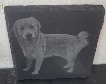 Puede incluir: Un posavasos de pizarra negra con una imagen grabada con láser de un perro golden retriever.