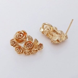 10PCS 14K gold-plated rose arranged earrings, gold flower inlaid earrings with open hanging rings,925 silver needles,DIY earring supply-LP28
