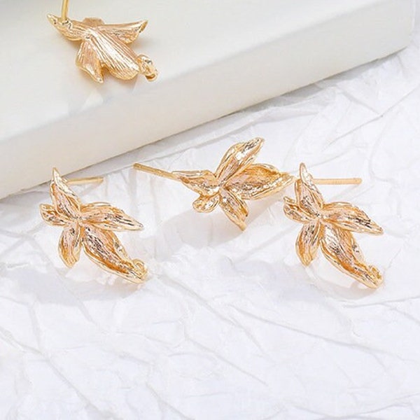 18k Gold Plated Flower Stud Earrings with Hanging Hoops, Bell Orchid Silver Pin Earrings,  16.8x13.8mm, Earrings Wholesale Supply - LT2239