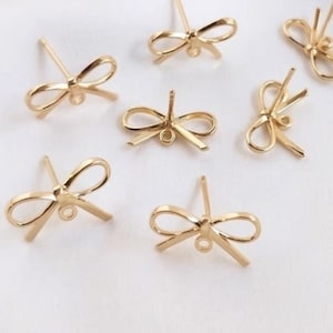 10pcs 14KGold Plated Bow Stud Earrings with Hanging Rings, DIY Earrings Accessories, Delicate Bow Earrings, Earrings Making Discovery-LT1055