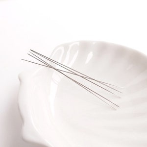 May include: Five thin, silver needles are arranged in a white ceramic bowl. The needles are straight and pointed.