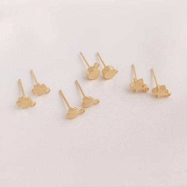10pcs+14K gold-plated heart-shaped earrings, clover earrings, round earrings, star ear posts with clamps, DIY earring accessories - LT1125