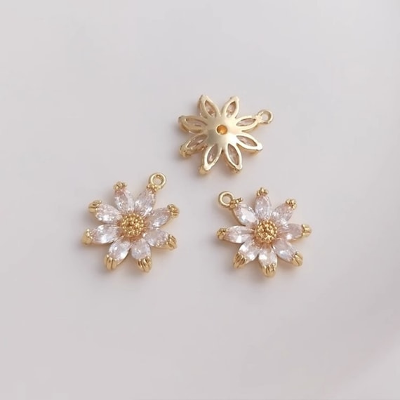 10pcs+14k Genuine Gold Zircon Daisy Charm Six Petal Flower Pendant