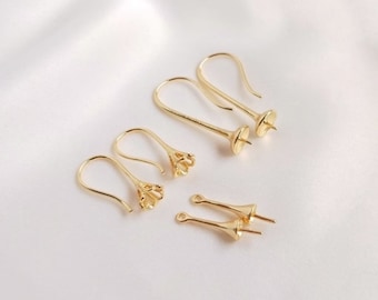 10 Uds + aguja de perla de medio agujero de oro genuino de 14K con colgante de gancho de oreja de perla de cristal largo y pendientes de bricolaje, suministro de joyería-LT1035