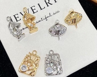 5PCS,Vintage Lamp Ginkgo Leaf Art Frame Pendant, 18K Gold Plated CZ Charm, DIY Jewelry Supply, LT3925