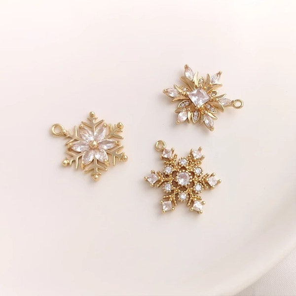 14K gold-plated pendant found, micro set zircon pendant, snowflake pendant, earring accessory pendant, jewelry making - LT1434