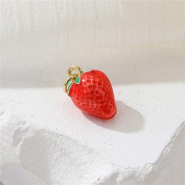 Breloque fraise en or 14 carats, pendentif fraise rouge exquis, utilisé pour la fabrication de bijoux - LT2873