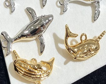 18K Gold Plated & Platinum Whale Charms, Narwhal Pendants, Ocean Jewelry Making Supplies,lt3938