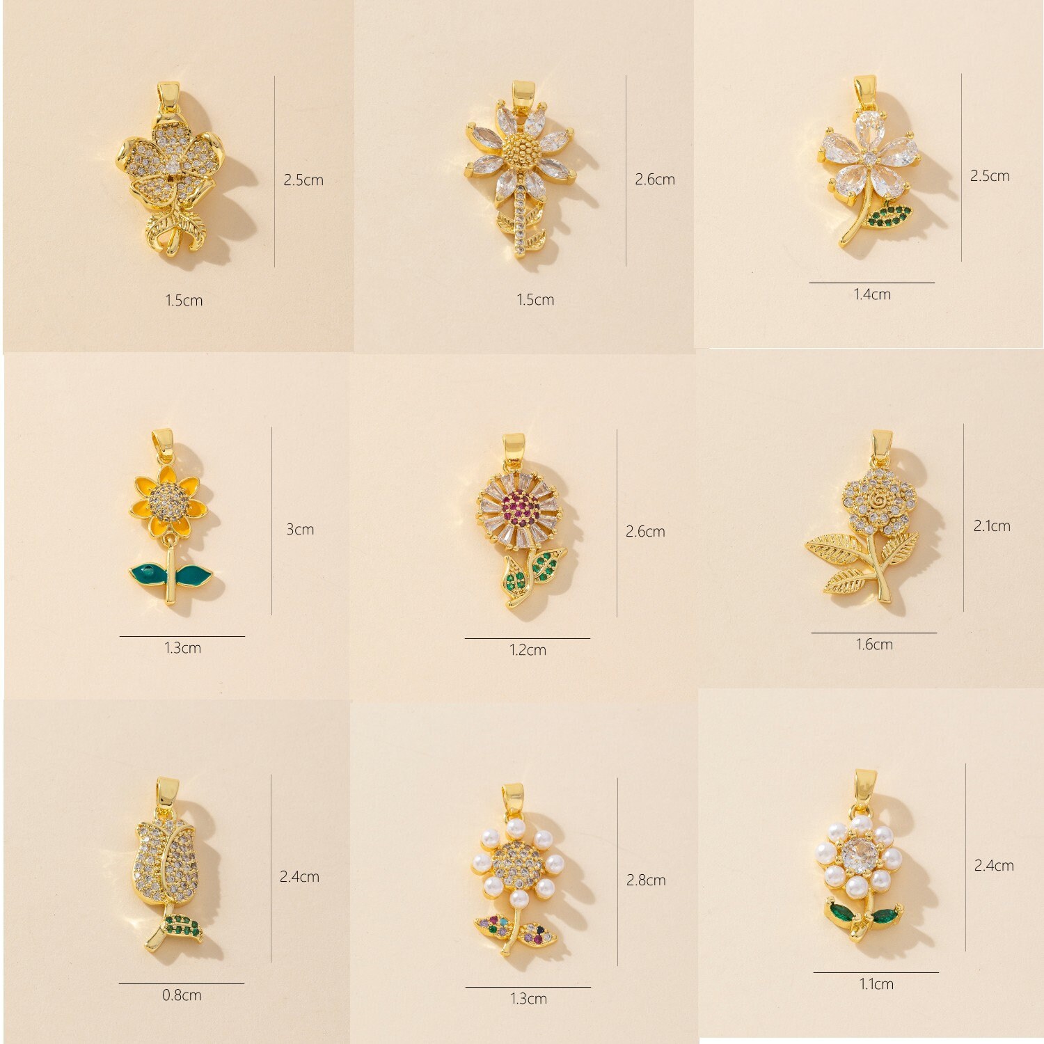 9 Styles of Zircon Flower Necklace Charm, CZ Flower Necklace Charm