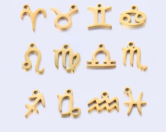 12 pingentes com signos do zodíaco, símbolos das constelações, banhados a ouro 18K, peças em aço inoxidável para confecção de colares, pulseiras e bijuterias DIY - LT3053