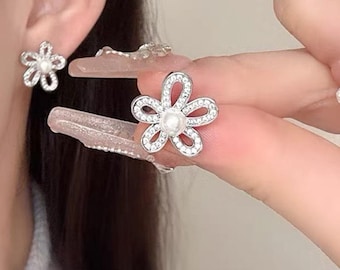 Blumen Perle Ohrringe, CZ Intarsien Ohrstecker, DIY Schmuckzubehör (13x8x5mm)