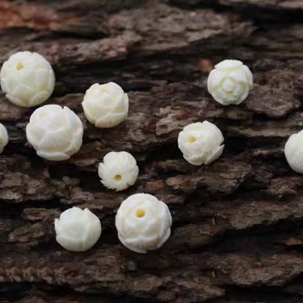Perles rondes moulées sous pression en poudre de coquillage blanc avec perles perforées sculptées, perles perforées de 8-10-12 mm - LT1866