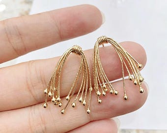 18K Gold Plated & Platinum Tassel Earrings, Dainty Fringe Drop Earrings, Two Tone Minimalist Jewelry,LT3937