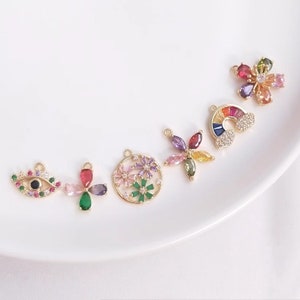 4pcs+14K gold plated charm, set with colorful zircon series flower rainbow eye pendant, diy earrings necklace jewelry pendant - LT1411
