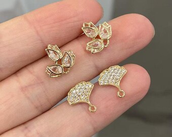 Gold Tone Tulip & Ginkgo Leaf Charms with CZ Stones, DIY Jewelry Making Pendants for Earrings, Necklaces, Bracelets-LT3931