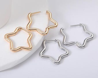 18K Gold Plated & Platinum Star Hoop Earrings, Minimalist Geometric Star Huggies, Hypoallergenic Celestial Jewelry for Women- LT3928