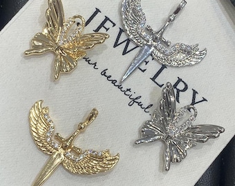 Rhinestone Butterfly & Winged Sword Charms, Alloy Pendants for DIY Jewelry Making, Gothic Y2K Necklace Supplies,LT3956