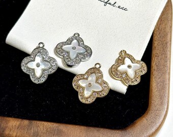 Silver Clover Charm with White Shell & CZ Stones, Four Leaf Clover Pendant for Jewelry Making, Lucky Clover DIY Craft Supply- lt3929