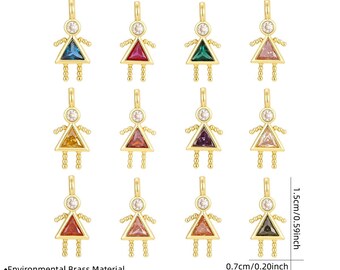 1-5pcs,Colorful Cubic Zirconia Doll Charms, 18K Gold Plated Brass Little Girl Pendants for DIY Jewelry Making, 1.5cm Tiny Doll Charm,lt3922