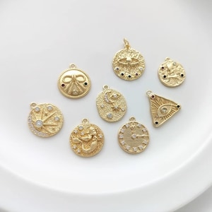 14K gold-plated pendant found, micro set zircon charm, eye/star/moon/angel/clock/round card pendant charm, jewelry making - LT1433