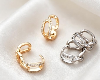 Minimalist Chain Link Hoop Earrings, 18K Gold Plated & Platinum Tone Cuff Earrings with CZ Stones, Dainty Everyday Jewelry for Women-LT3948