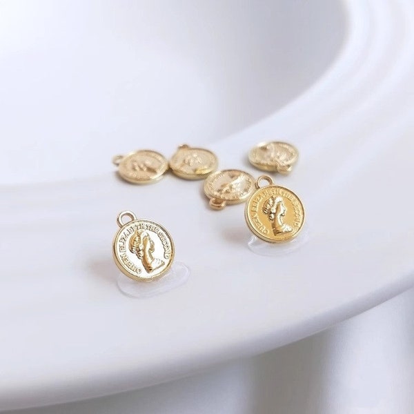 10pcs Real Gold Vintage Gold Coin Earrings Pendant Charm, Goddess Gold Coin Charm Pendant, Necklace Charm,Jewelry Making Charm, DZ1010