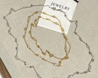 Delicate Layered CZ Crystal Chain Necklace, Dainty Silver Stackable Choker, Minimalist Jewelry for Women-LT3933