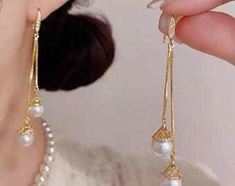 Shell Drop Earrings, Silver Rose Gold Plated,Long Dangle Earrings with CZ,Beach Jewelry for Women, Minimalist Shell Threader Earrings,LT3958