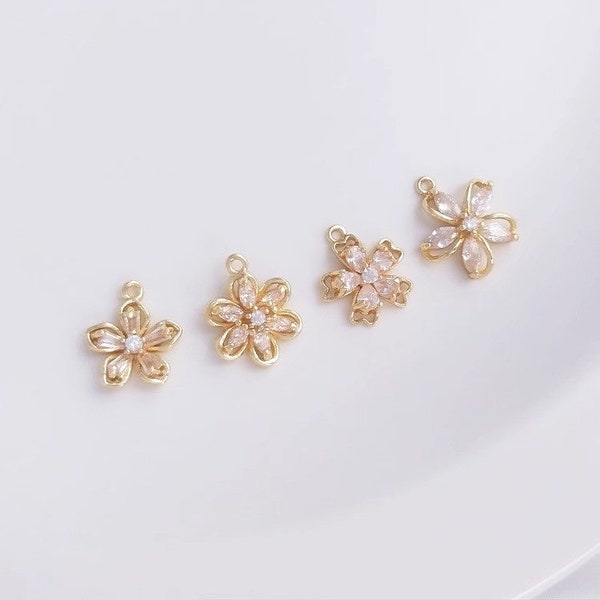 14K gold-plated necklace pendant charm, CZ small flower pendant, peach blossom cherry blossom, diy earring pendant - LT1426