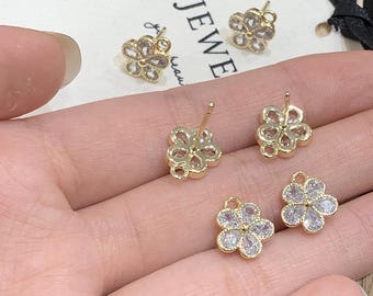 Crystal Flower Stud Earrings, 18K Gold Plated Ear Posts with Loop, Jewelry Making Supplies-LT3944