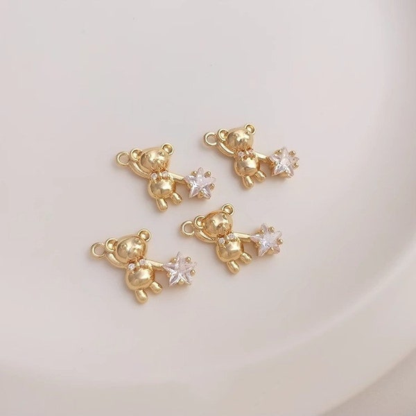 10pcs+Encased Five Point Star Zircon Charm Pendant, 14K Gold Plated Little Bear Star Pendant, DIY Necklace Bracelet Pendant Supply,LT1365
