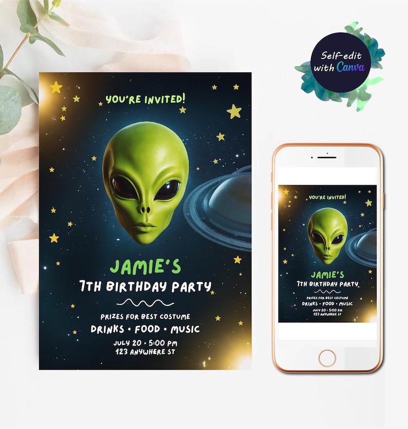 Alien Birthday Party Invitation, Outer Space Theme (canva Editable ...