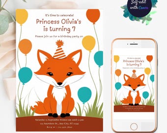 Fox Invitation Editable Fox Birthday Invitations FOX Party First Birthday Invitations Woodland Invitation Fox Boy Girl invitations template