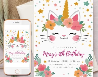 Kittycorn Caticorn Invitation Cat Birthday Invitation Unicorn Kitty Birthday Caticorn Birthday Caticorn Invitations Unicorn Kitty Invitation