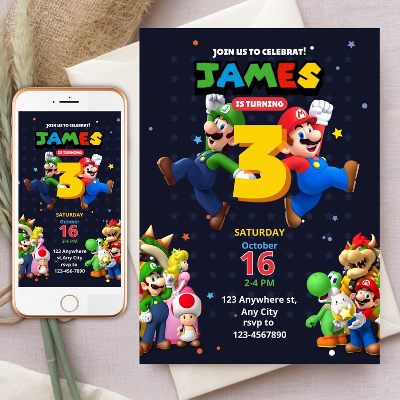 Editable Mario Bros Invitation Super Mario Birthday Invitation Super Brothers Boy Invite Mario ...